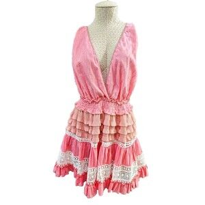 PLK Women's Large Chio Knit Ruffle Macrame Dress Deep-V Babydoll Mini Lacy NEW‎